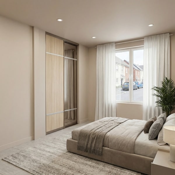 1-dør-med-lys-eik-1-dør-med-klart-speil-Sølvprofiler